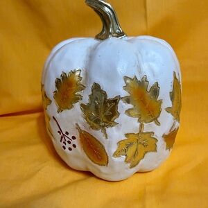 Elegant White Ceramic Pumpkin with Gold Leaves